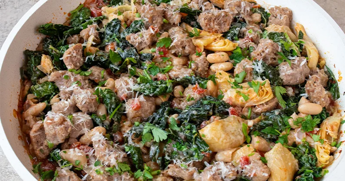 Artichoke, Sausage, Bean & Tomato Skillet